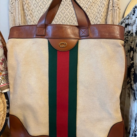 GUCCI Web Stripe Canvas Tote - Picture 1 of 5